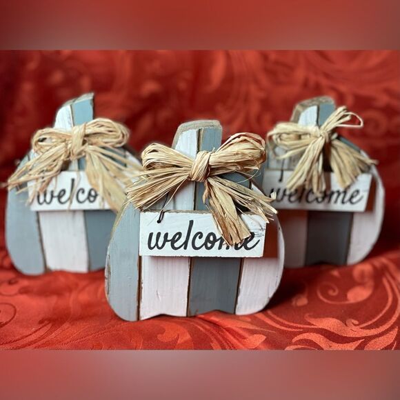 “Welcome” NEW All to Fall Rustic Farmhouse Style Wood Pumpkin - Picture 5 of 7